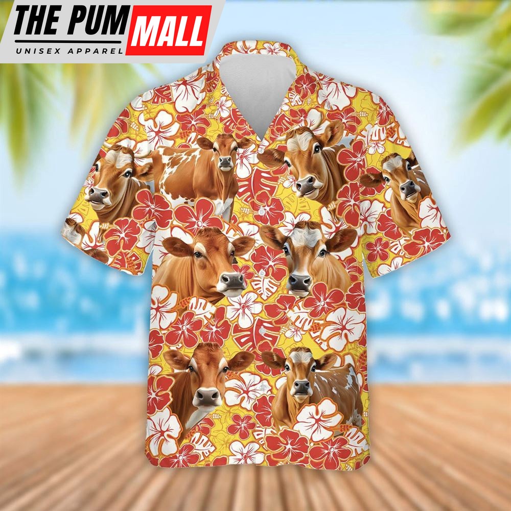 Farm Hawaiian Shirt, Jersey Cattle Orange Flower Pattern 3D Hawaiian Shirt, Summer Gift, Animal Hawaiian Shirt