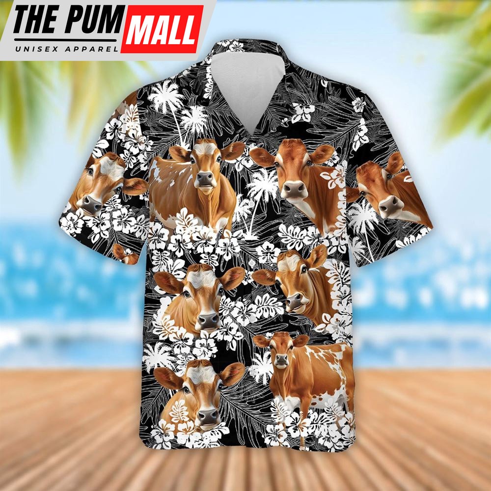 Farm Hawaiian Shirt, Jersey Cattle Palm Tree Pattern Hawaiian Shirt, Summer Gift, Animal Hawaiian Shirt