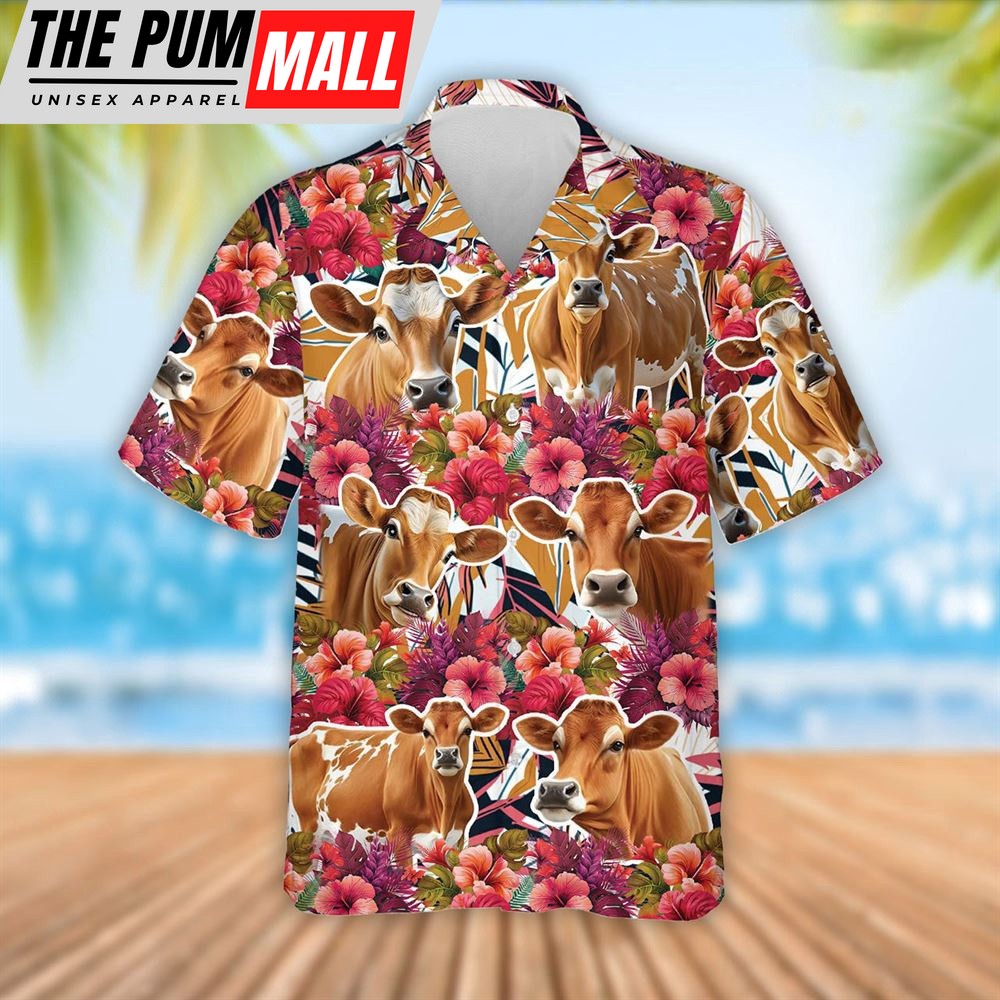 Farm Hawaiian Shirt, Jersey Cattle Red Hibicus Flowers Hawaiian Shirt, Summer Gift, Animal Hawaiian Shirt