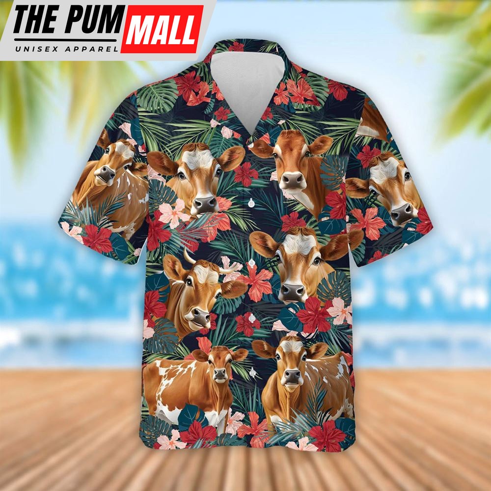 Farm Hawaiian Shirt, Jersey Cattle Red Tropical Flowers Hawaiian Shirt, Summer Gift, Animal Hawaiian Shirt