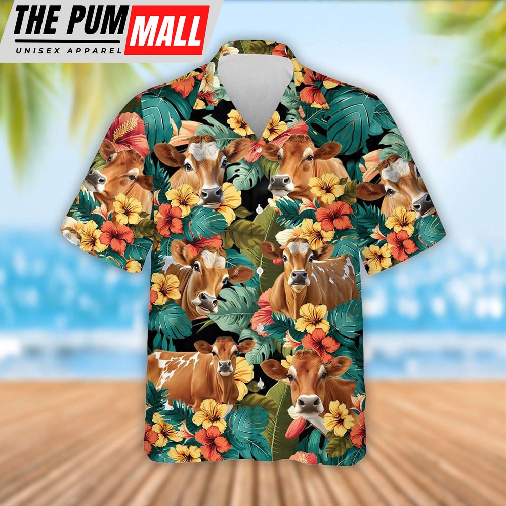 Farm Hawaiian Shirt, Jersey Cattle Tropical Flowers Hawaiian Shirt, Summer Gift, Animal Hawaiian Shirt