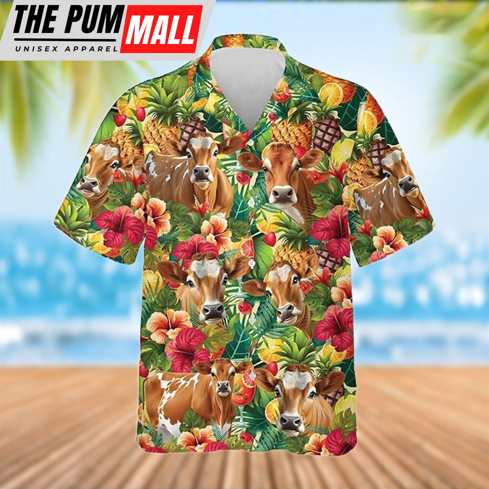 Farm Hawaiian Shirt, Jersey Cattle Tropical Fruits Pattern Hawaiian Shirt, Summer Gift, Animal Hawaiian Shirt