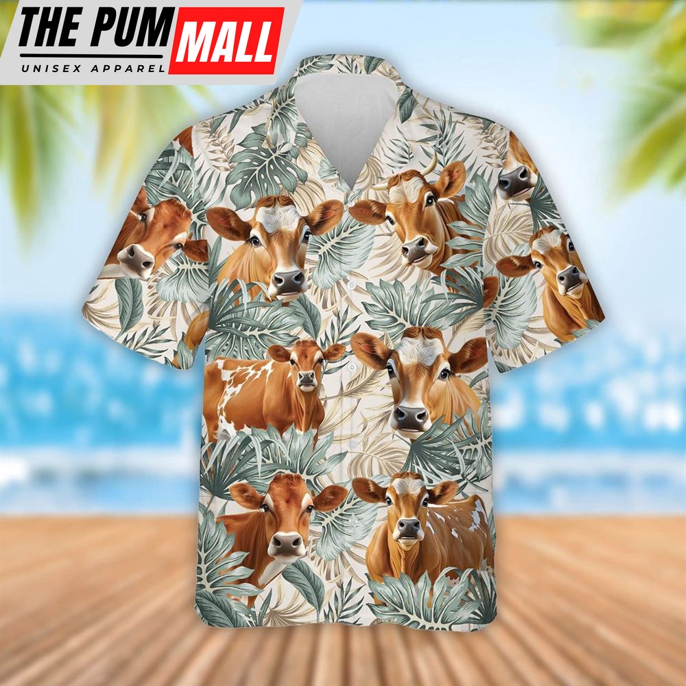 Farm Hawaiian Shirt, Jersey Cattle Tropical Leaf Pattern Hawaiian Shirt, Summer Gift, Animal Hawaiian Shirt