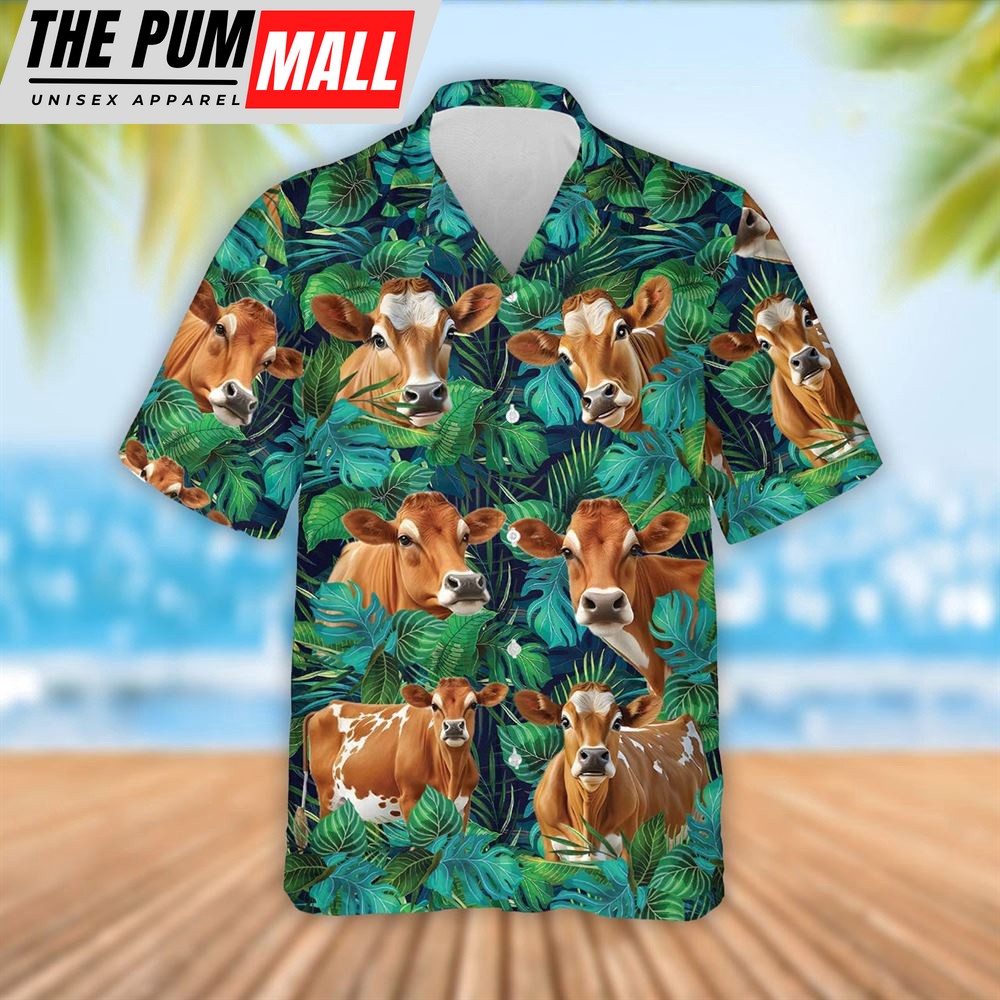 Farm Hawaiian Shirt, Jersey Cattle Tropical Leaves Hawaiian Shirt, Summer Gift, Animal Hawaiian Shirt