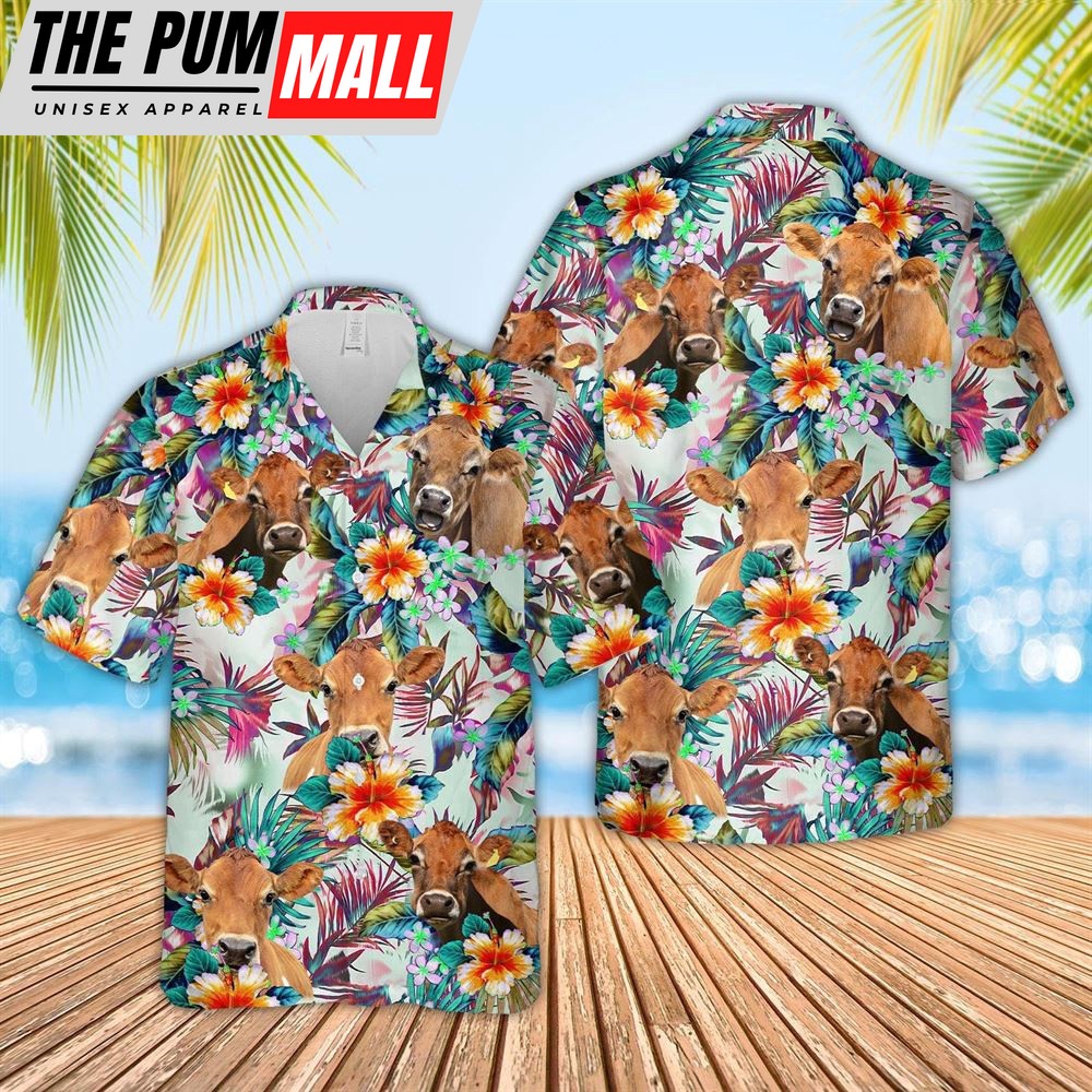 Farm Hawaiian Shirt, Jersey Cows With Flowers 3D Hawaiian Shirt, Animal Hawaiian Shirt