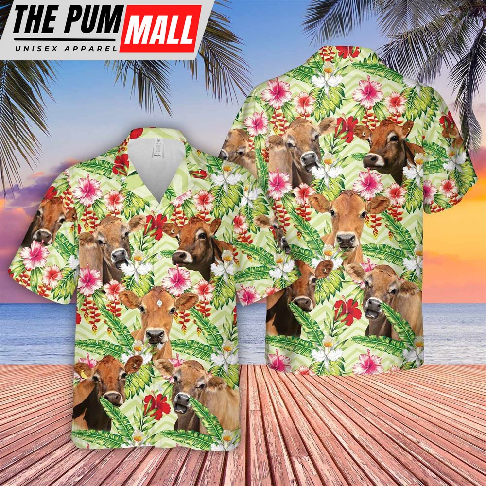 Farm Hawaiian Shirt, Jersey Hibicus Floral 3D Hawaiian Shirt, Animal Hawaiian Shirt