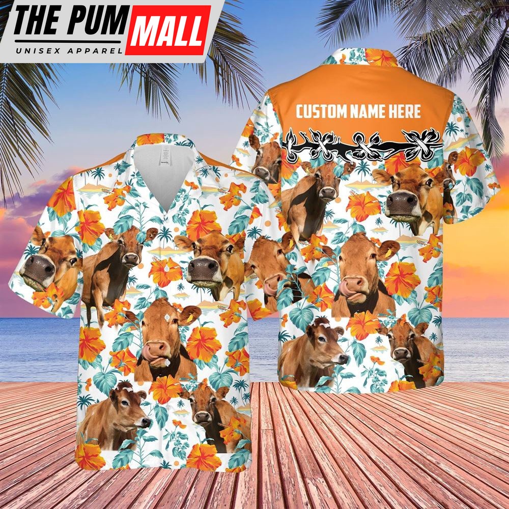 Farm Hawaiian Shirt, Jersey Hibiscus Floral Custom Name 3D Hawaiian Shirt, Animal Hawaiian Shirt