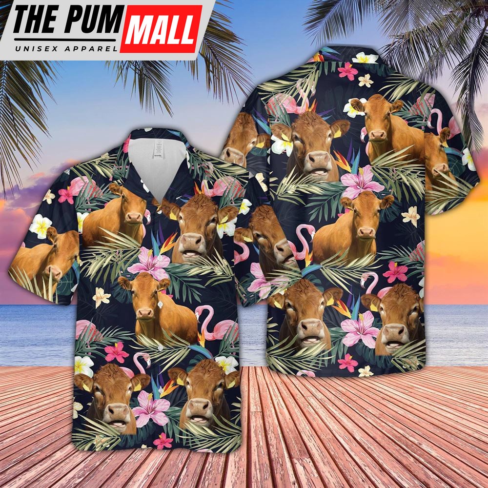Farm Hawaiian Shirt, Limousin And Flamingo Flower Pattern 3D Hawaiian Shirt, Animal Hawaiian Shirt