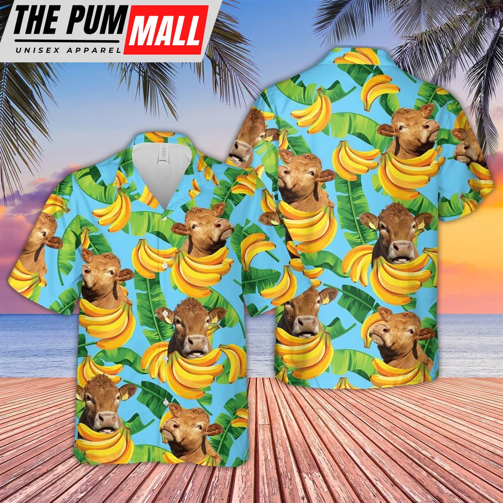 Farm Hawaiian Shirt, Limousin Banana Pattern 3D Hawaiian Shirt, Animal Hawaiian Shirt