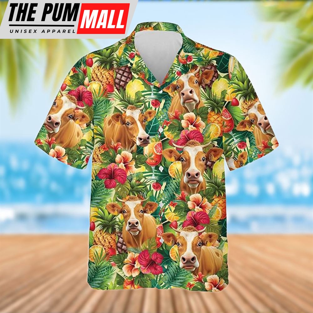 Farm Hawaiian Shirt, Limousin Cattle Tropical Fruits Pattern Hawaiian Shirt, Summer Gift, Animal Hawaiian Shirt