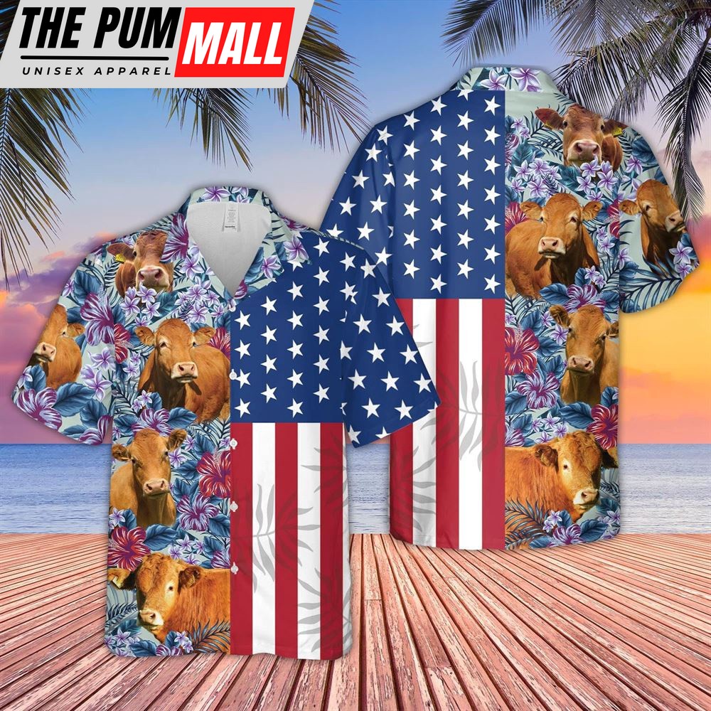 Farm Hawaiian Shirt, Limousin Flower Pattern American 3D Hawaiian Shirt, Animal Hawaiian Shirt