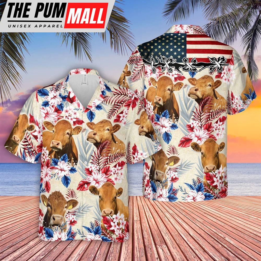 Farm Hawaiian Shirt, Limousin Pattern Us Flag Hawaiian Shirt, Animal Hawaiian Shirt