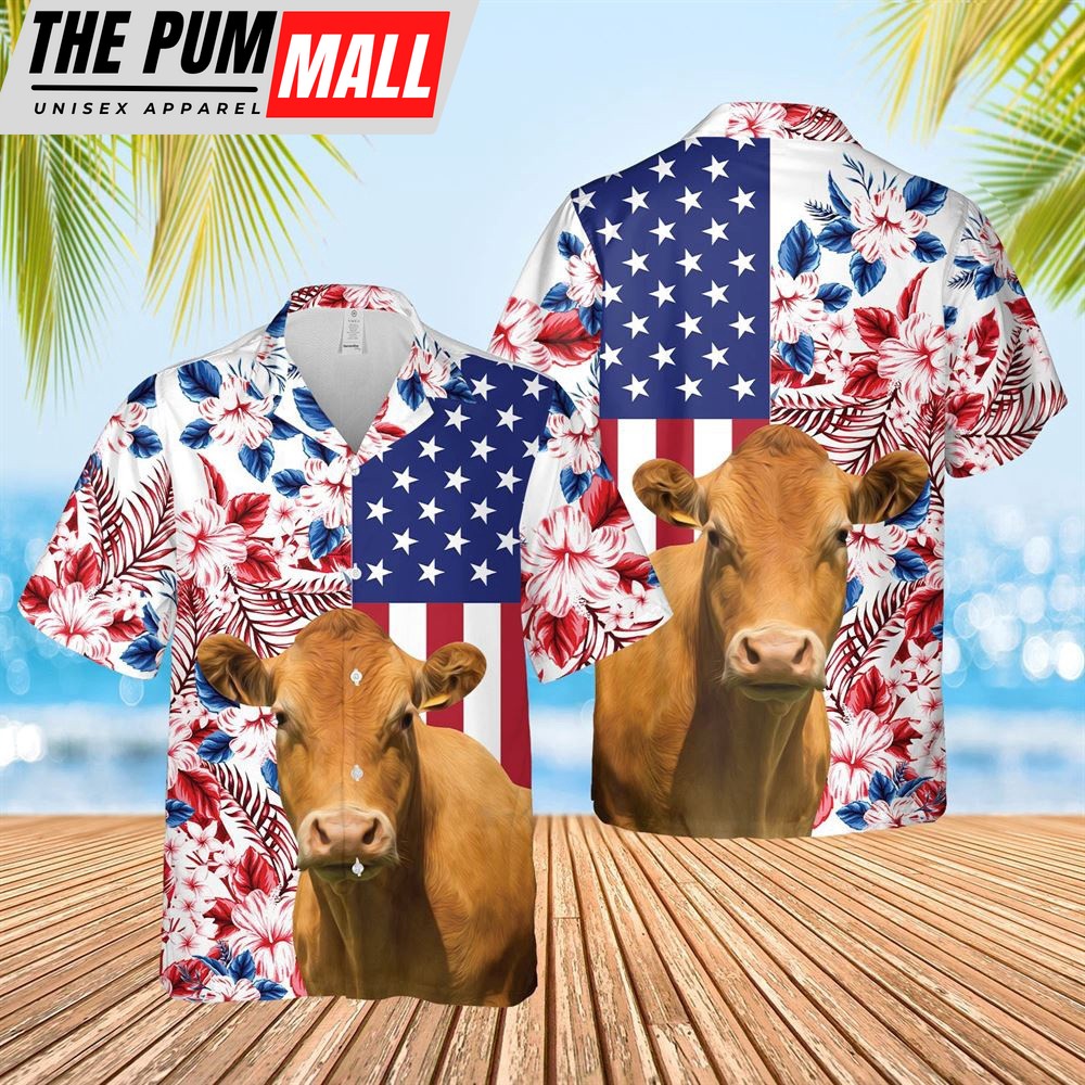 Farm Hawaiian Shirt, Limousin Us Flag Flower 3D Hawaiian Shirt, Animal Hawaiian Shirt