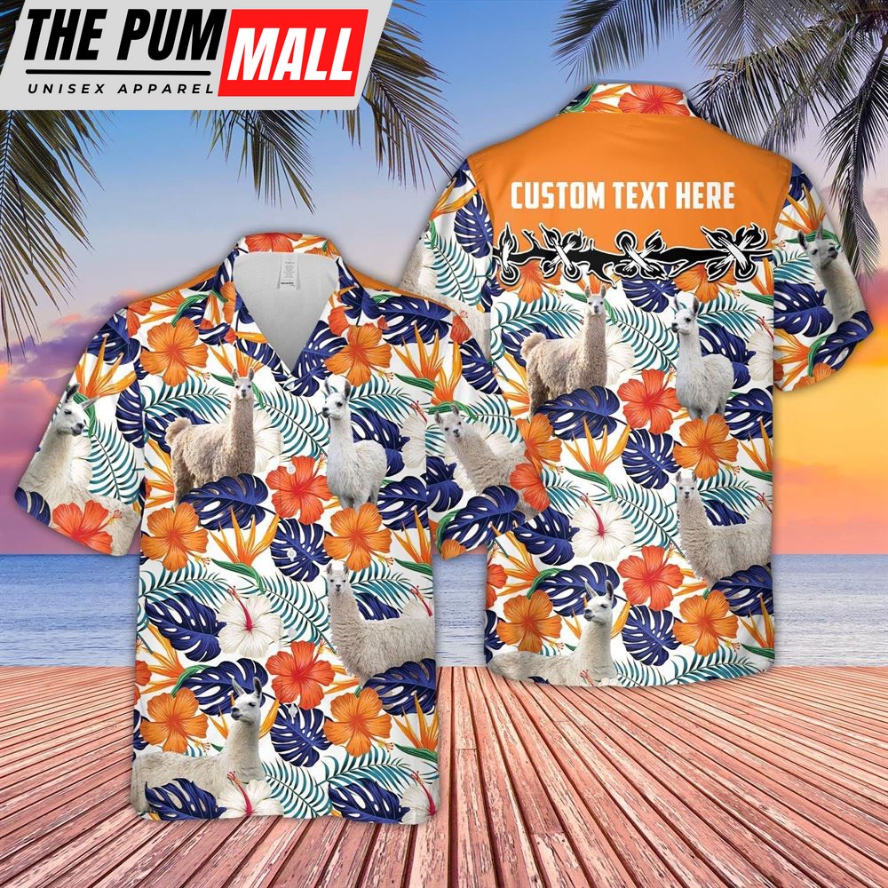 Farm Hawaiian Shirt, Llama Hibiscus Blue Floral Custom Name 3D Hawaiian Shirt, Animal Hawaiian Shirt
