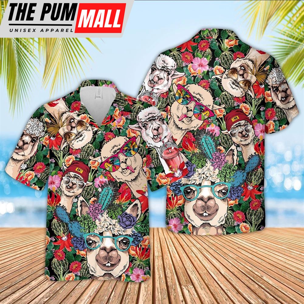 Farm Hawaiian Shirt, Llamas And Flower Drawing Hawaiian Shirt, Animal Hawaiian Shirt
