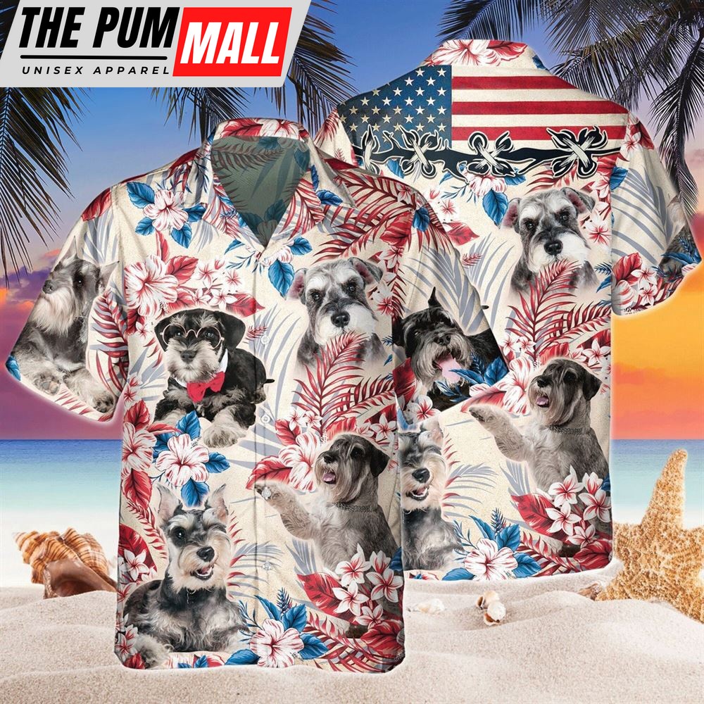 Farm Hawaiian Shirt, Miniature Schnauzer Dog United States Flag Hawaiian Flowers All Over Printed 3D Hawaiian, Animal Hawaiian Shirt