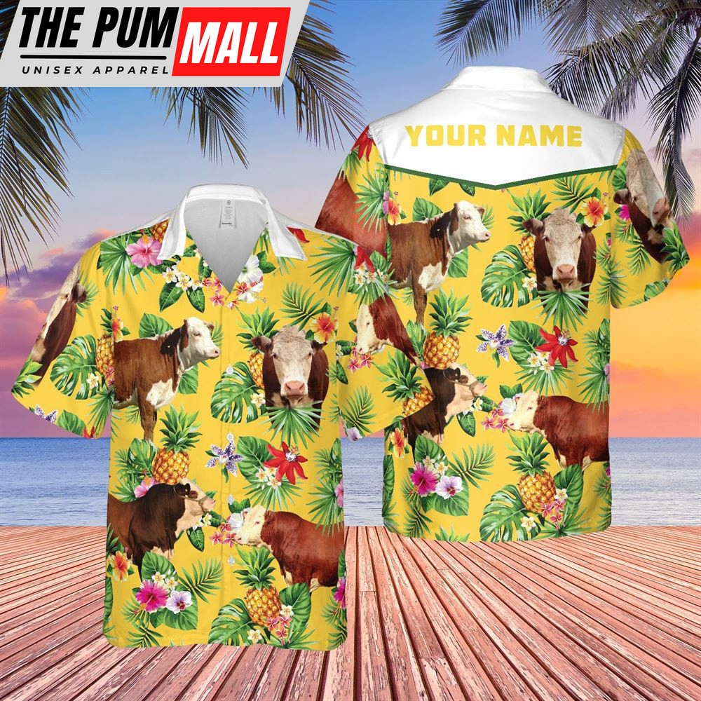 Farm Hawaiian Shirt, Personalized Name Hereford Cattle Pineapples All Over Printed 3D Hawaiian Shirt, Animal Hawaiian Shirt