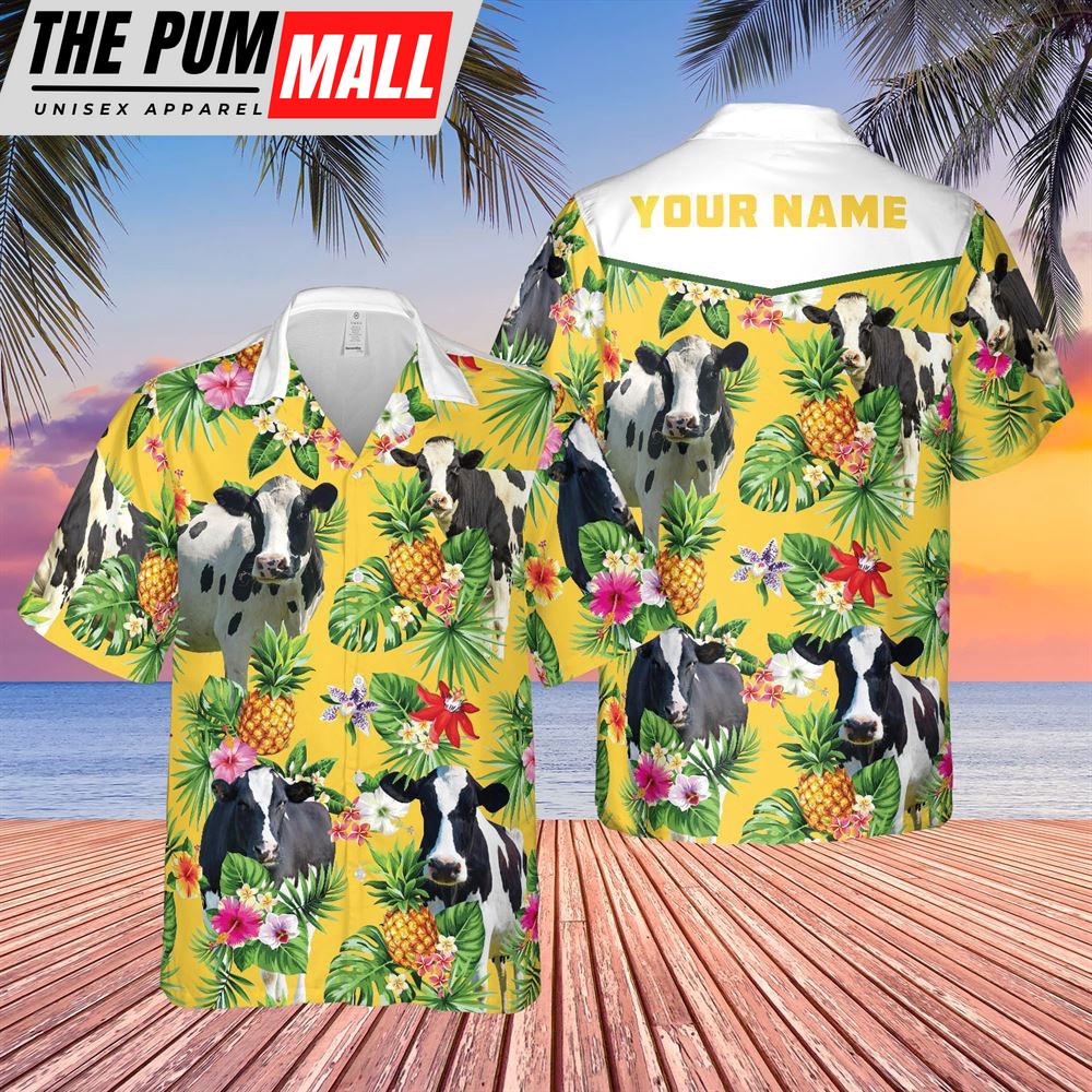 Farm Hawaiian Shirt, Personalized Name Holstein Friesian Cattle Pineapples All Over Printed 3D Hawaiian Shirt, Animal Hawaiian Shirt