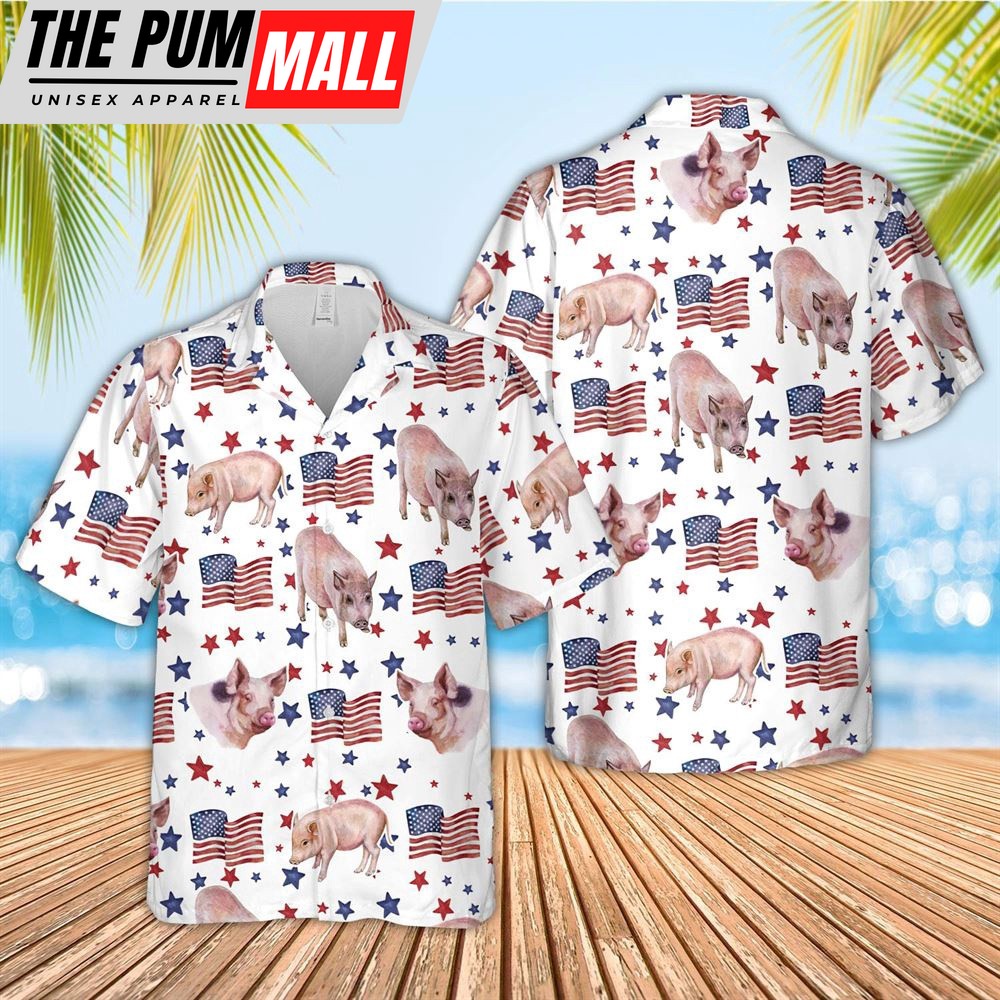 Farm Hawaiian Shirt, Pig American Flag Pattern Hawaiian Shirt, Animal Hawaiian Shirt