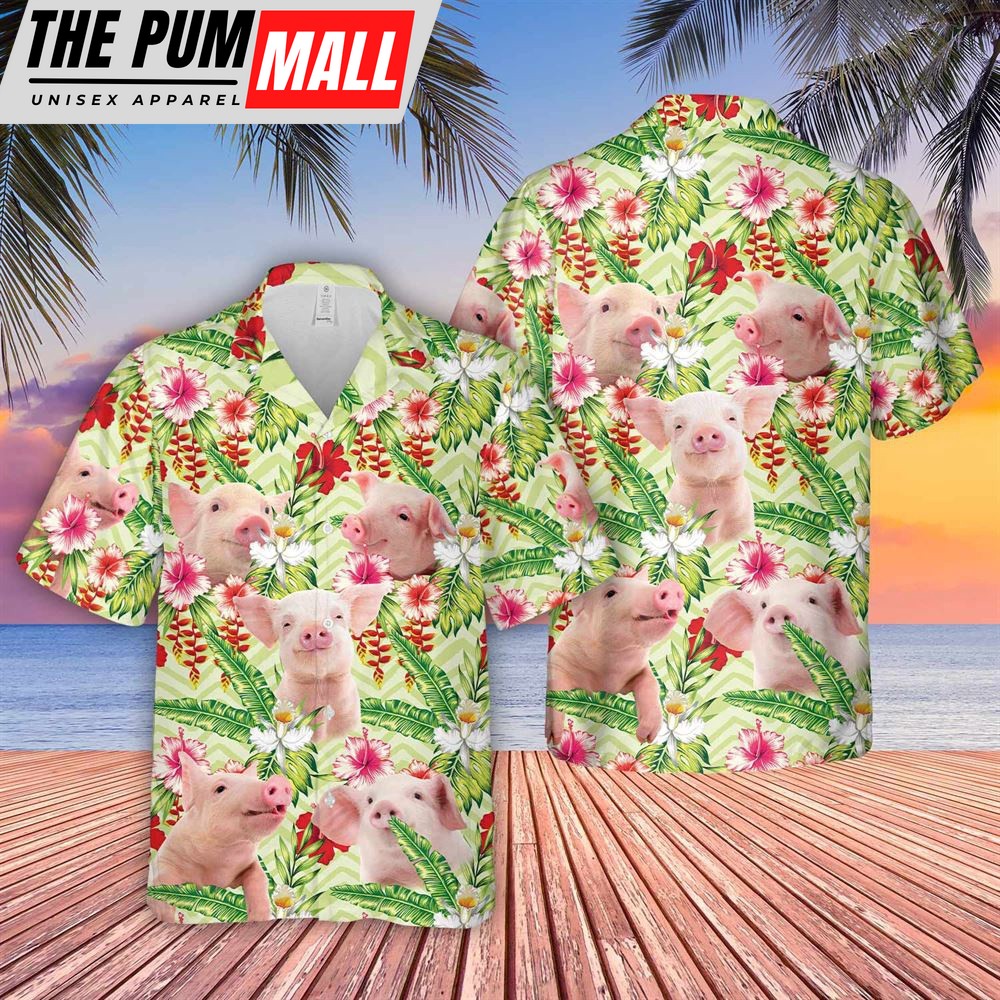 Farm Hawaiian Shirt, Pig Hibicus Floral 3D Hawaiian Shirt, Animal Hawaiian Shirt