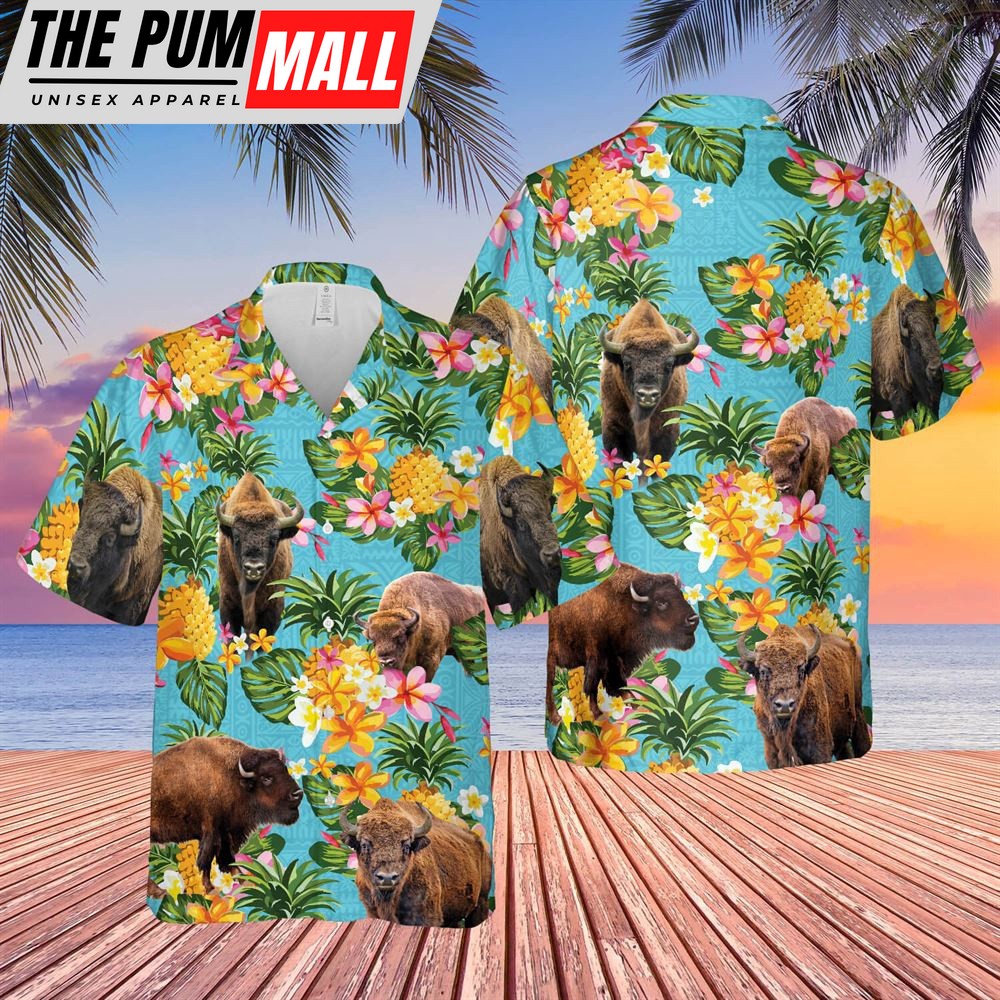 Farm Hawaiian Shirt, Pineapple Hawaiian Theme For Bison Lovers All 3D Printed Hawaiian Shirt, Animal Hawaiian Shirt