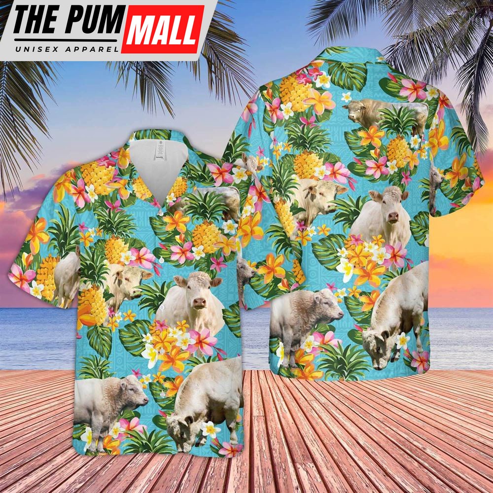Farm Hawaiian Shirt, Pineapple Hawaiian Theme For Charolais Cattle Lovers All 3D Printed Hawaiian Shirt, Animal Hawaiian Shirt