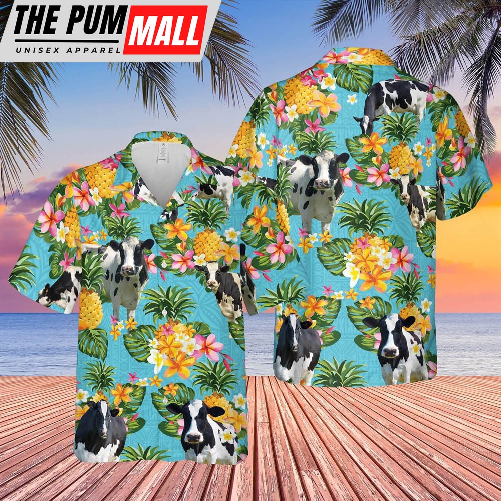 Farm Hawaiian Shirt, Pineapple Hawaiian Theme For Holstein Friesian Cattle Lovers All 3D Printed Hawaiian Shirt, Animal Hawaiian Shirt