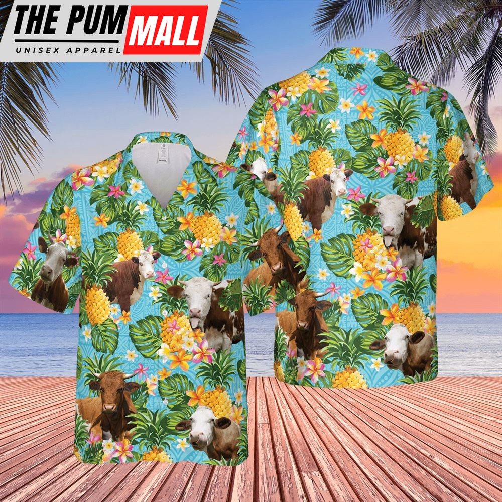 Farm Hawaiian Shirt, Pineapple Hawaiian Theme For Simmental Cattle Lovers All 3D Printed Hawaiian Shirt, Animal Hawaiian Shirt