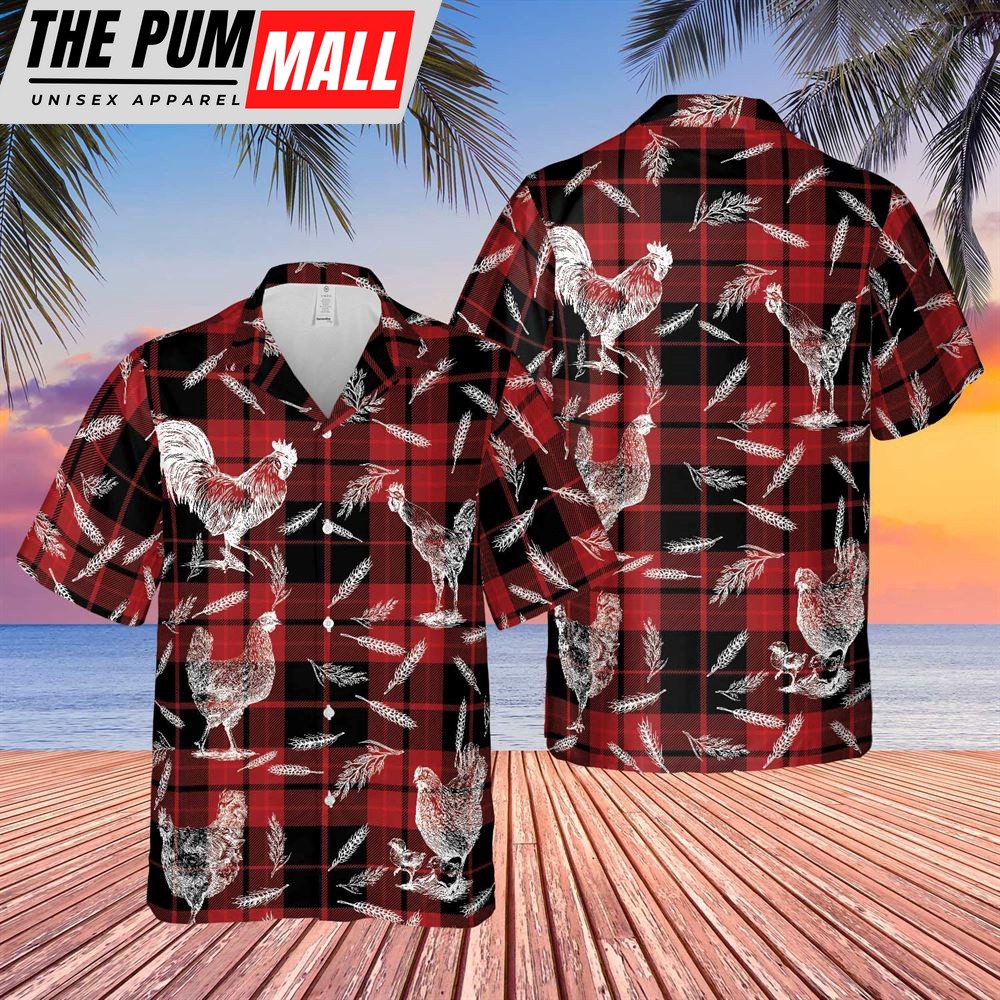 Farm Hawaiian Shirt, Plaid Pattern Chicken All Over Printed 3D Hawaiian Shirt, Animal Hawaiian Shirt