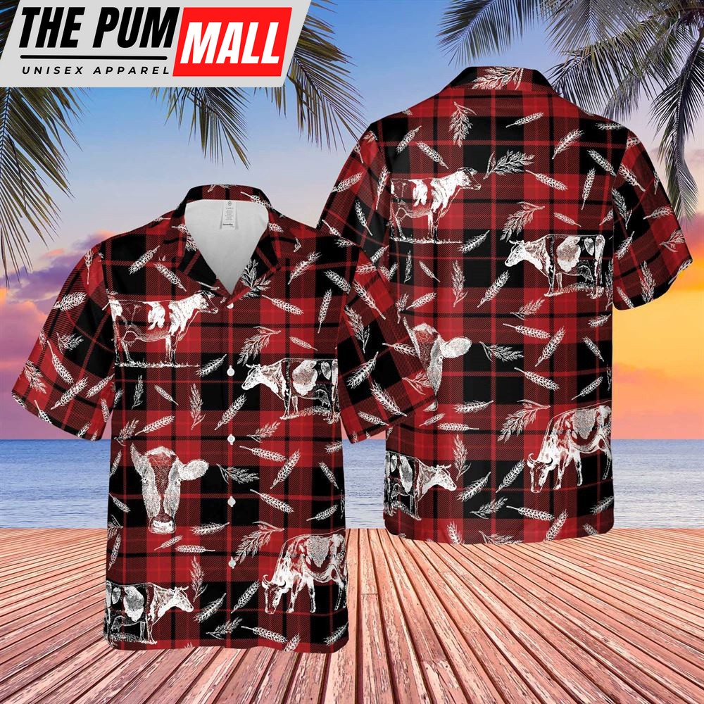 Farm Hawaiian Shirt, Plaid Pattern Holstein All Over Printed 3D Hawaiian Shirt, Animal Hawaiian Shirt