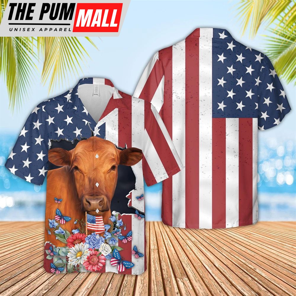 Farm Hawaiian Shirt, Red Angus 4Th Of July 3D Hawaiian Shirt, Animal Hawaiian Shirt