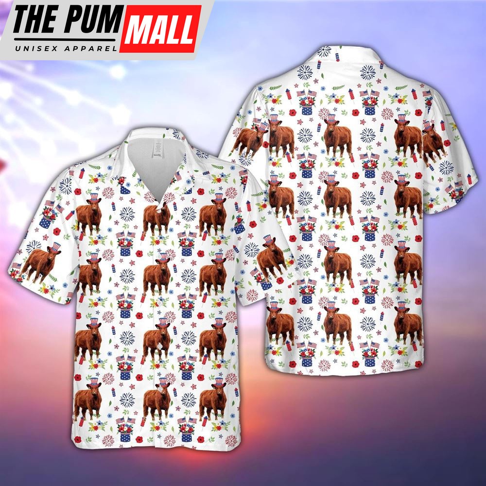 Farm Hawaiian Shirt, Red Angus American Flag And Firework Pattern Hawaiian Shirt, Summer Gift, Animal Hawaiian Shirt