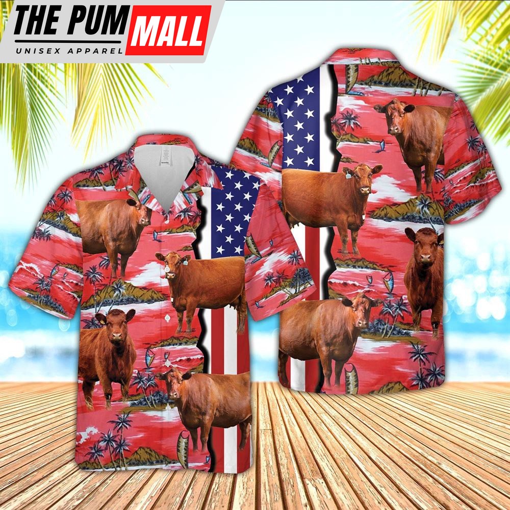 Farm Hawaiian Shirt, Red Angus American Flag Farming 3D Hawaiian Shirt, Animal Hawaiian Shirt