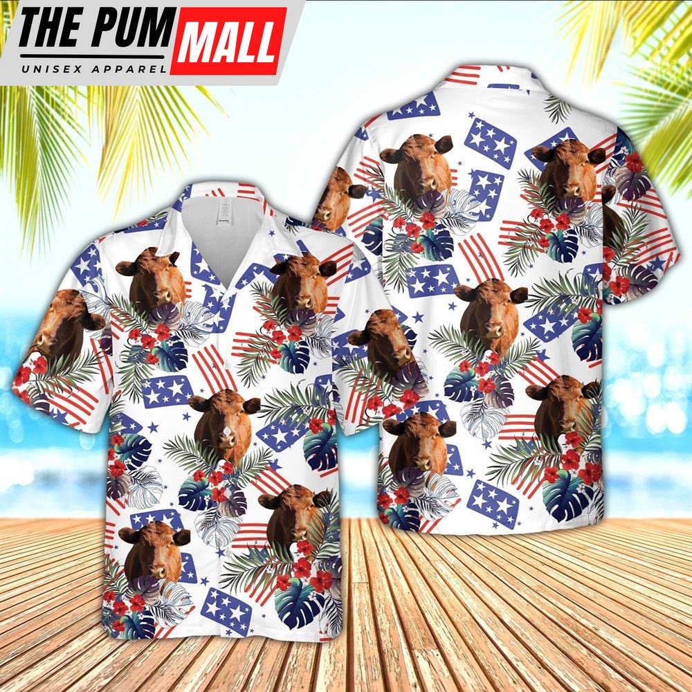 Farm Hawaiian Shirt, Red Angus American Little Flowers And Flag Pattern Hawaiian Shirt, Animal Hawaiian Shirt