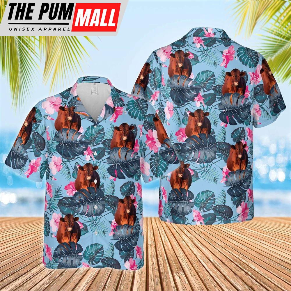 Farm Hawaiian Shirt, Red Angus Blue Hibiscus Hawaiian Shirt, Animal Hawaiian Shirt