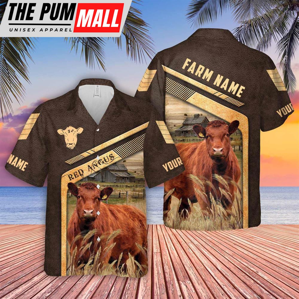 Farm Hawaiian Shirt, Red Angus Brown Pattern Customized Name 3D Hawaiian Shirt, Animal Hawaiian Shirt