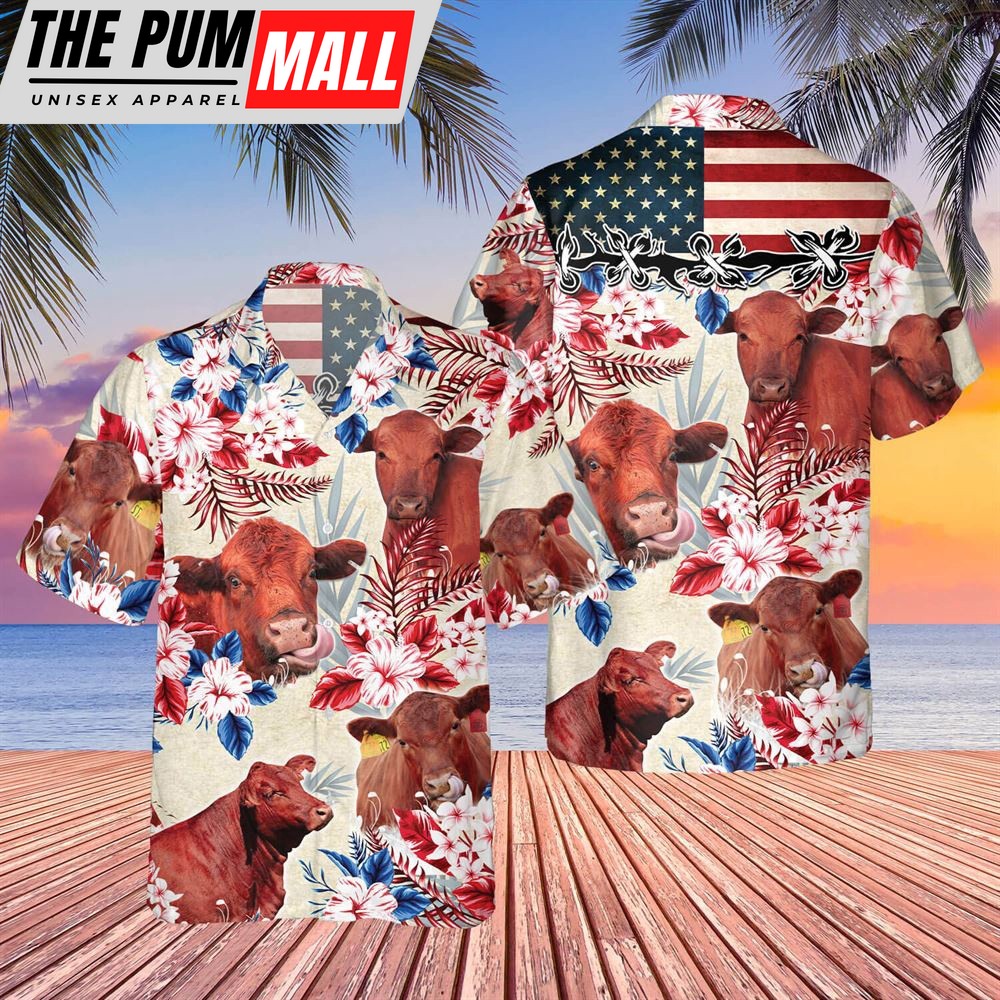Farm Hawaiian Shirt, Red Angus Cattle American Flag Hawaiian Flowers All Over Printed 3D Hawaiian Shirt, Animal Hawaiian Shirt