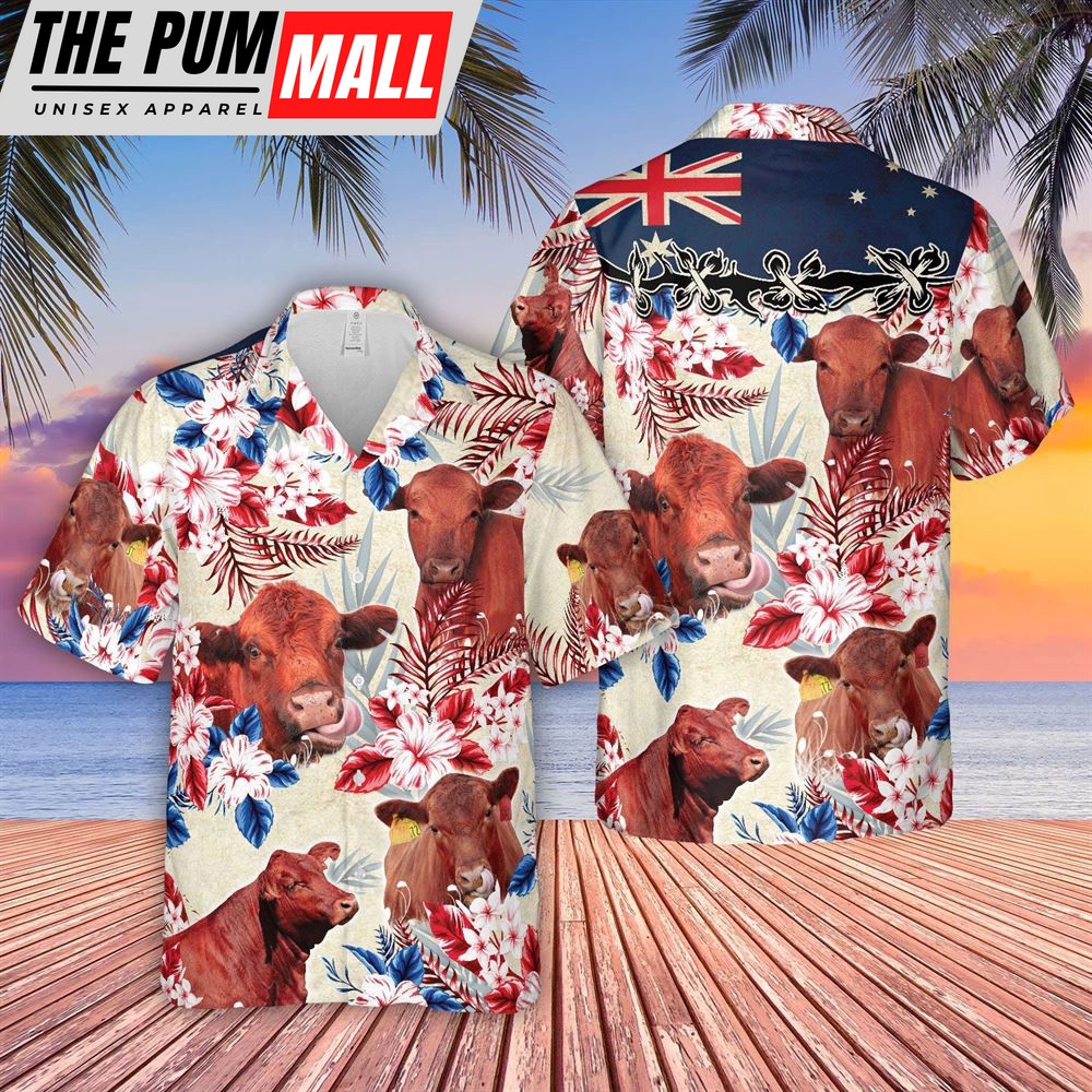 Farm Hawaiian Shirt, Red Angus Cattle Australia Flag Hawaiian Flowers Hawaiian Shirt, Animal Hawaiian Shirt