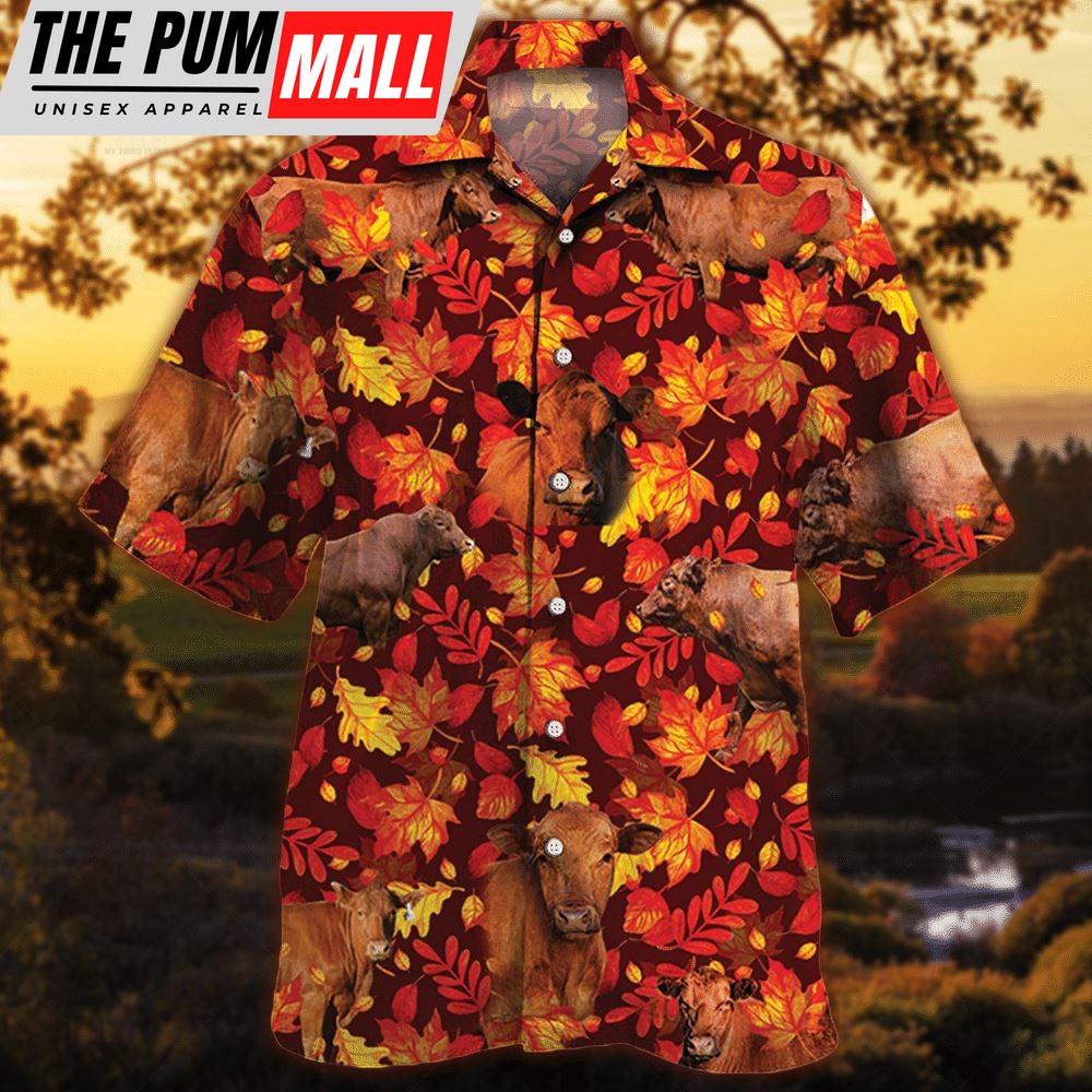Farm Hawaiian Shirt, Red Angus Cattle Autumn Leaves All Over Printed 3D Hawaiian Shirt, Animal Hawaiian Shirt