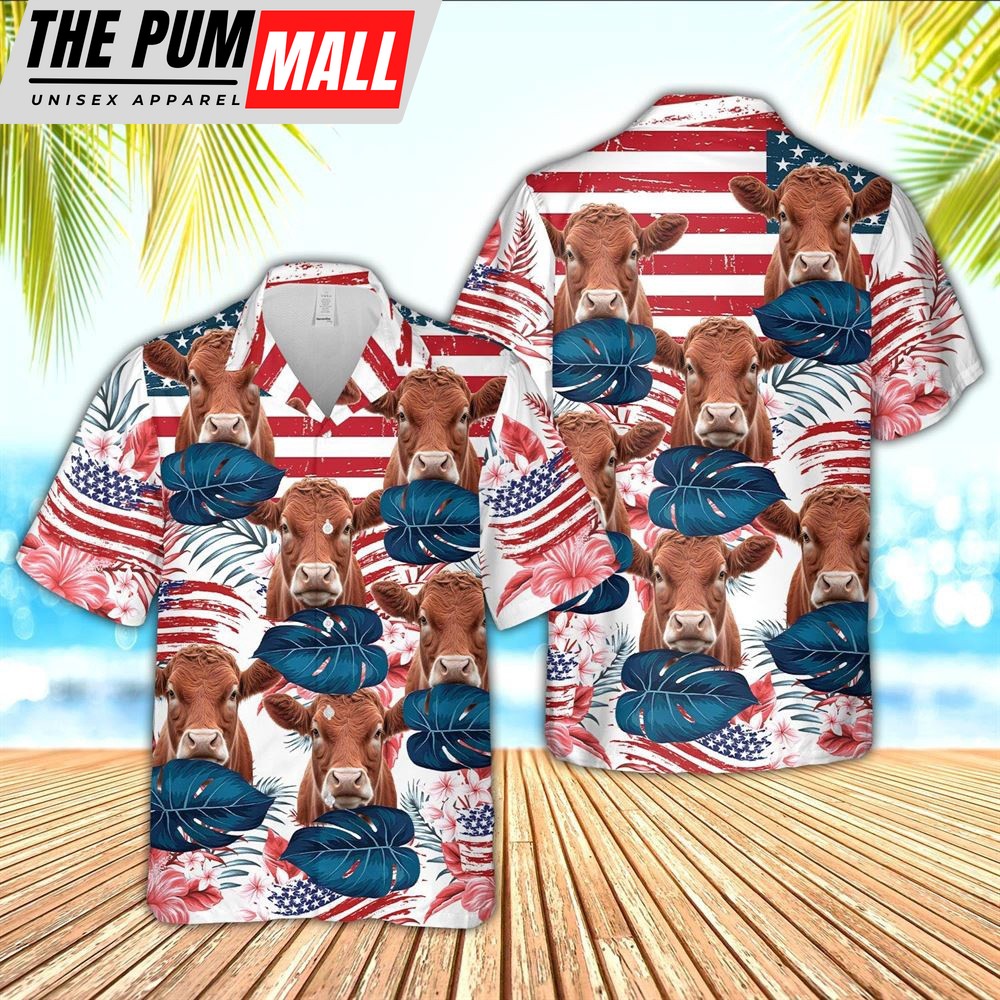 Farm Hawaiian Shirt, Red Angus Cattle Hibiscus Pattern Us Flag 3D Hawaiian Shirt, Animal Hawaiian Shirt