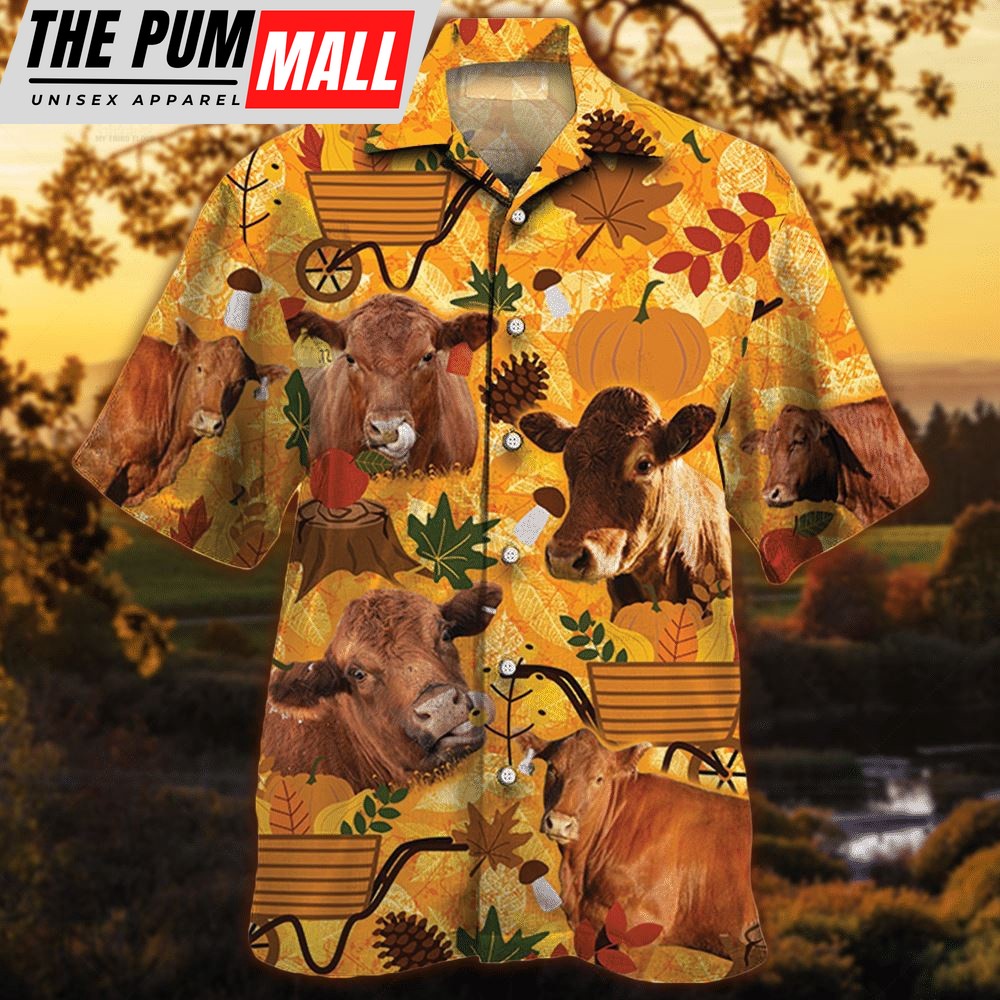Farm Hawaiian Shirt, Red Angus Cattle Nature Autumn Pumpkin All Over Printed 3D Hawaiian Shirt, Animal Hawaiian Shirt