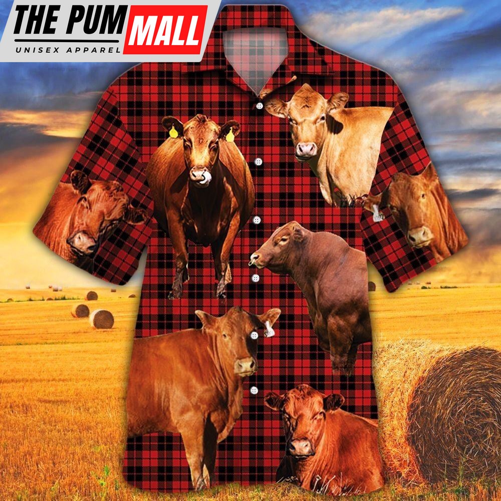 Farm Hawaiian Shirt, Red Angus Cattle Red Tartan Pattern All Over Printed 3D Hawaiian Shirt, Animal Hawaiian Shirt