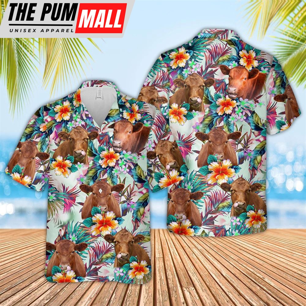 Farm Hawaiian Shirt, Red Angus Colorful Leaf Pattern Hawaiian Shirt, Animal Hawaiian Shirt