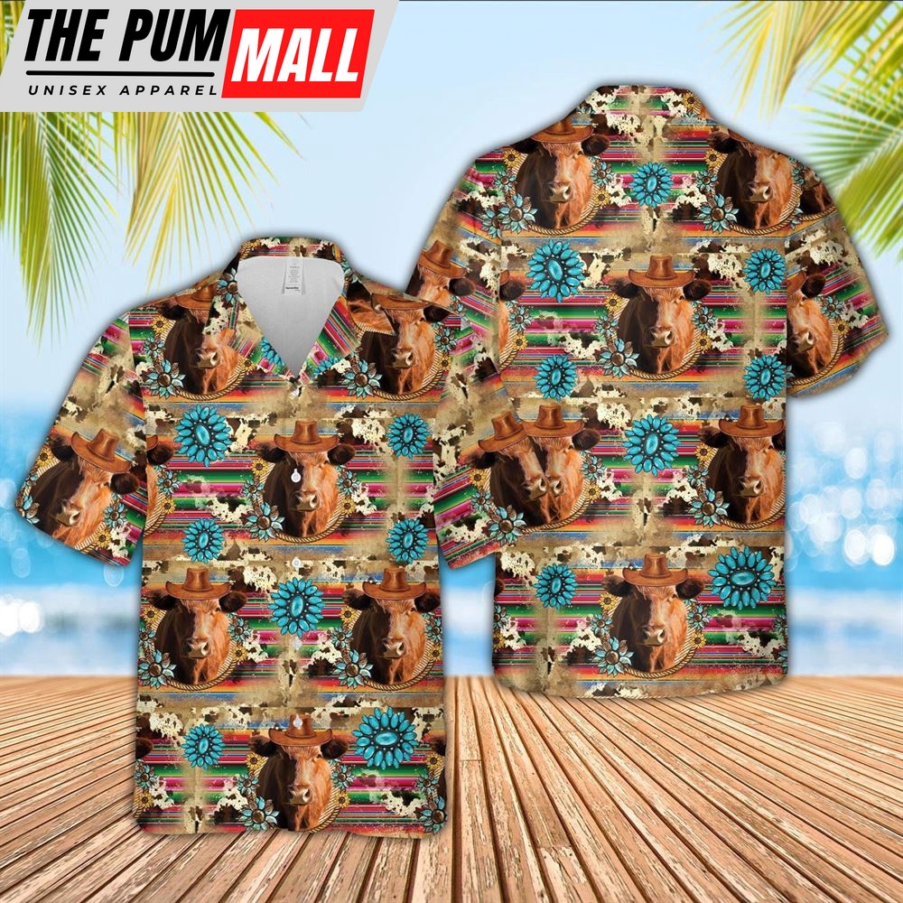 Farm Hawaiian Shirt, Red Angus Cowboy Pattern 3D Hawaiian Shirt, Animal Hawaiian Shirt
