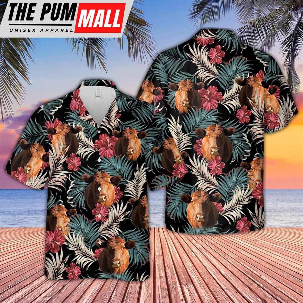 Farm Hawaiian Shirt, Red Angus Dark Red Flowers Pattern Hawaiian Shirt, Animal Hawaiian Shirt