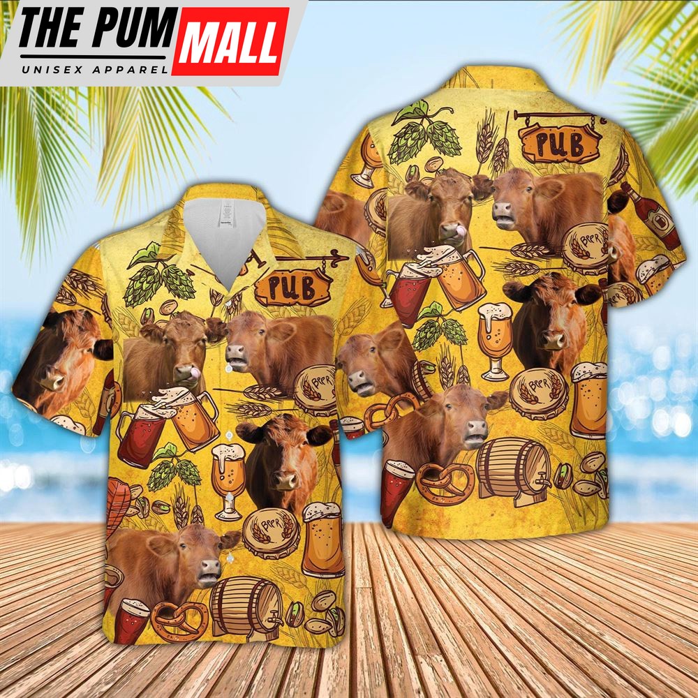 Farm Hawaiian Shirt, Red Angus Drink Beer Pattern 3D Hawaiian Shirt, Animal Hawaiian Shirt