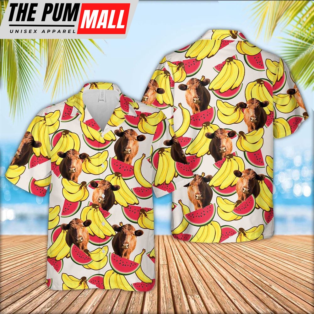 Farm Hawaiian Shirt, Red Angus Face Fruit Pattern 3D Hawaiian Shirt, Animal Hawaiian Shirt