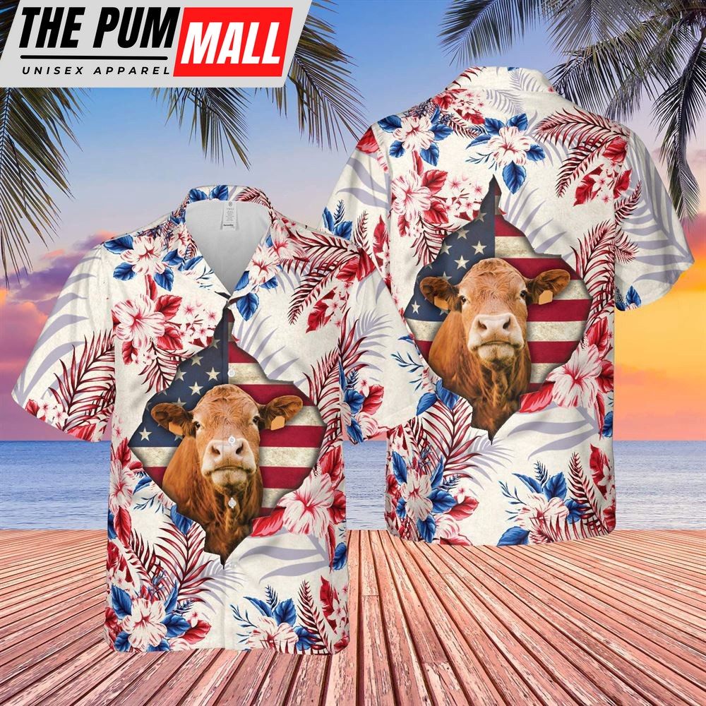 Farm Hawaiian Shirt, Red Angus Face Hibiscus Flower All Over Printed 3D Hawaiian Shirt, Animal Hawaiian Shirt