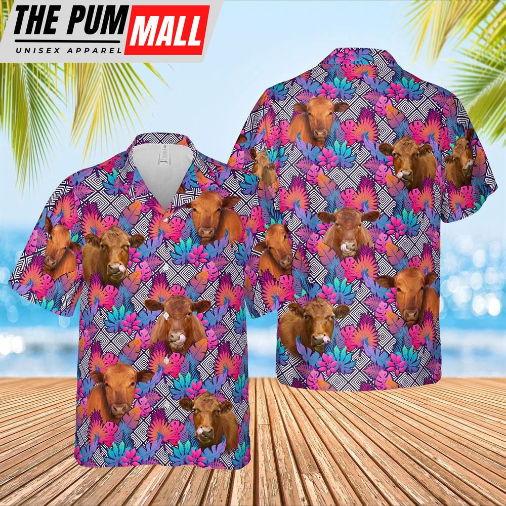 Farm Hawaiian Shirt, Red Angus Face Leaf Pattern 3D Hawaiian Shirt, Animal Hawaiian Shirt