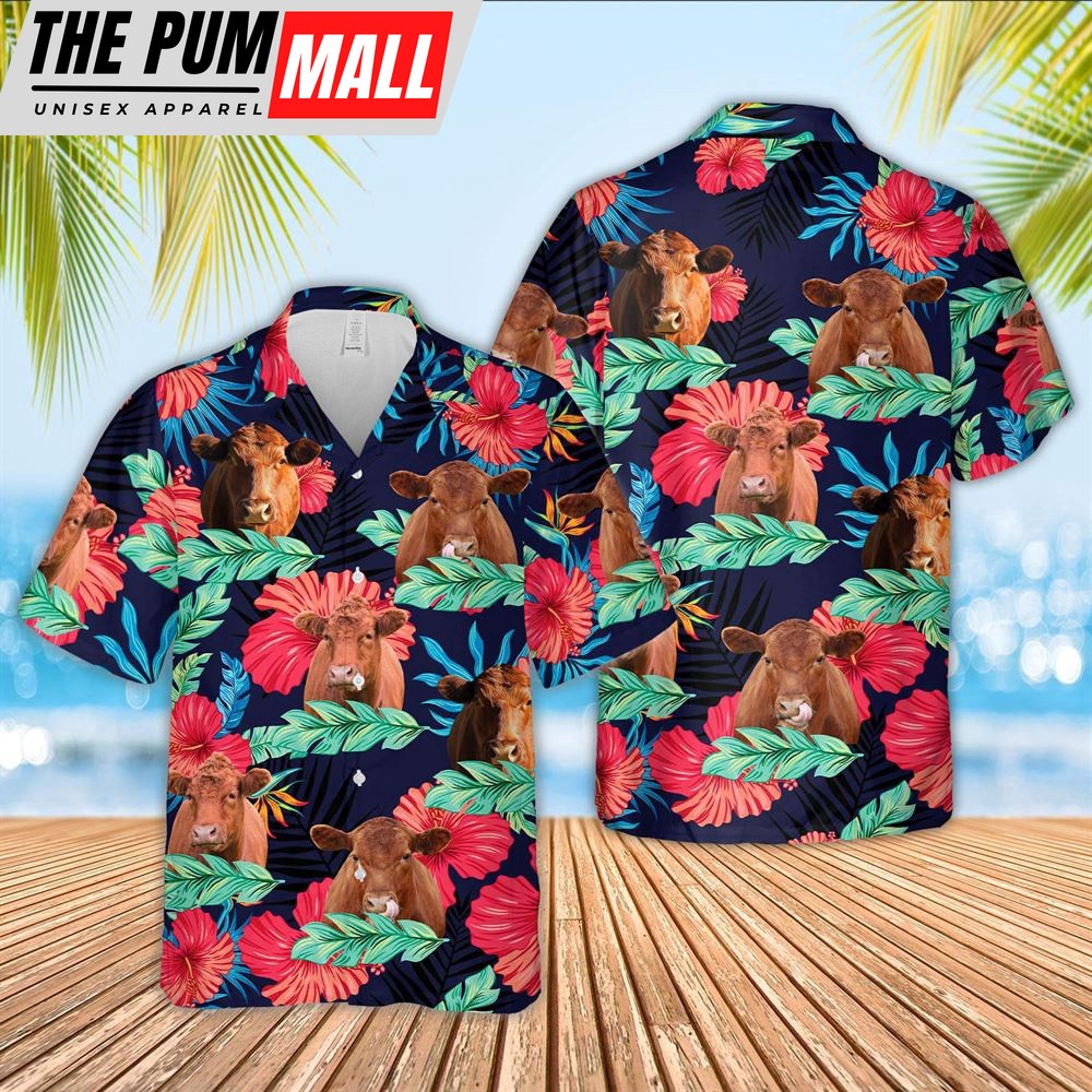 Farm Hawaiian Shirt, Red Angus Face Tropical Pattern 3D Hawaiian Shirt, Animal Hawaiian Shirt